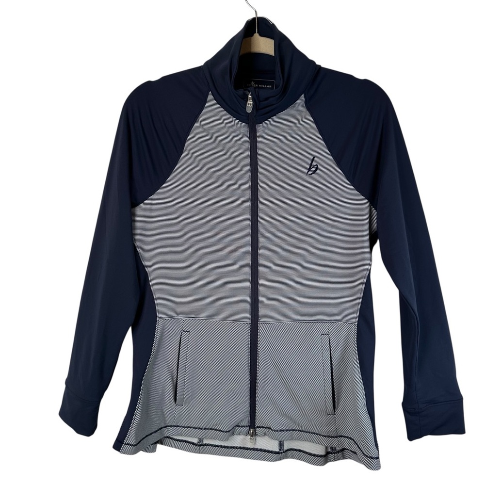 Peter Millar Golf Jacket Medium Blue White Stripe Full Zip Activewear Sportcore